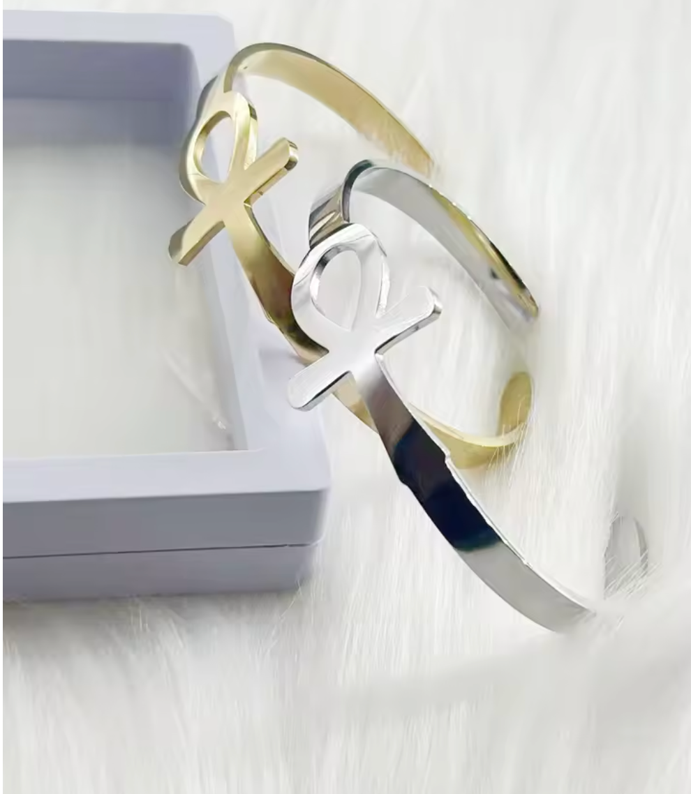 Stainless Steel Ancient Egyptian Ankh Open Ring & Bracelet Set