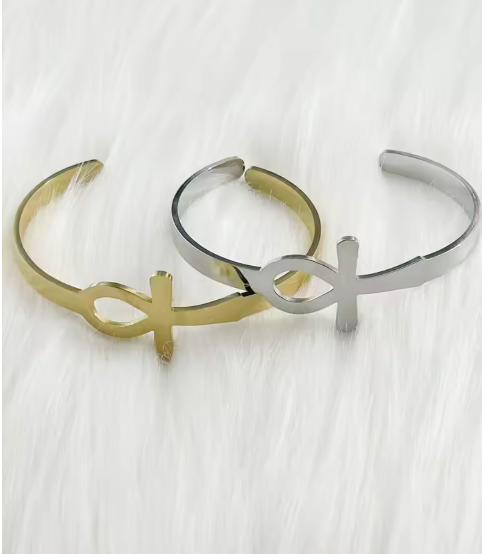 Stainless Steel Ancient Egyptian Ankh Open Ring & Bracelet Set